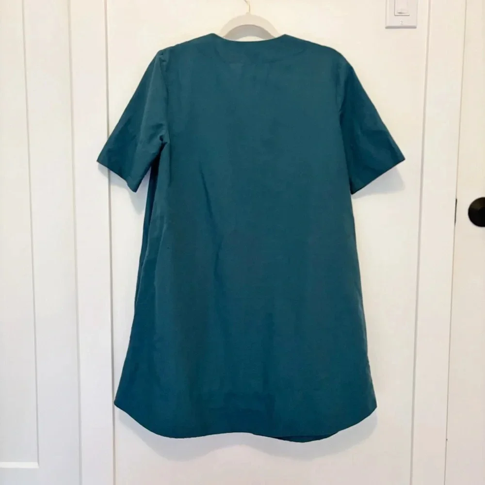 COS Cotton Linen A-Line Shirt Dress Mini Teal Blue Size 4 Minimalist Classic - Picture 3 of 6
